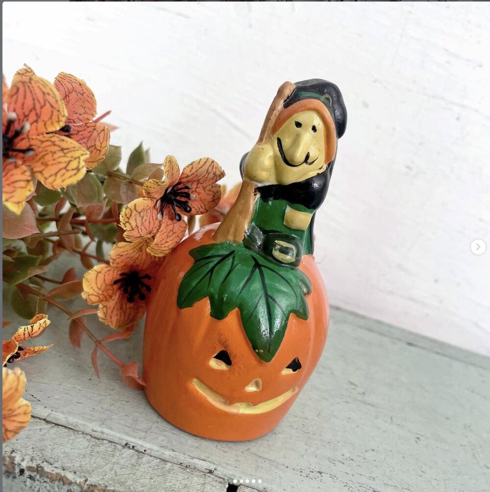 Vintage 1990s Ceramic Witch on Jack O'Lantern Pumpkin JOL Bell